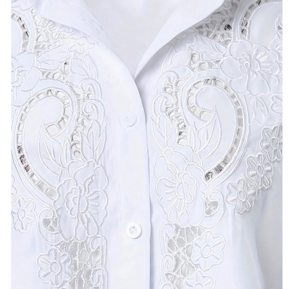 Plus White Floral Embroidered Cut out Button Down Shirt - Picture 4 of 5